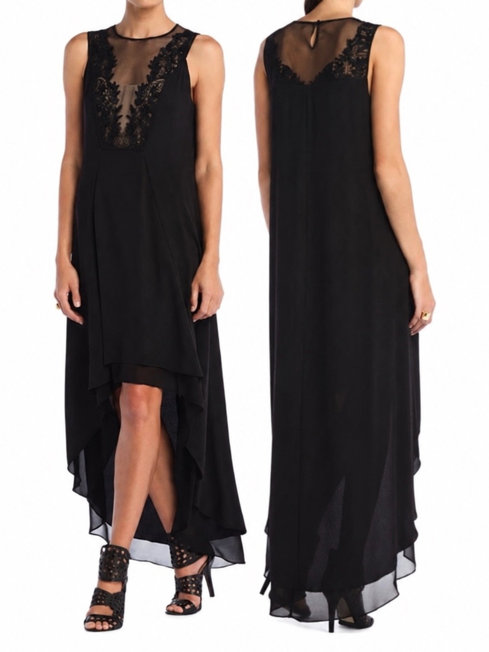 BCBGMAXAZRIA Cassidy Black Lace Chiffon High Low Maxi Evening Dress Size 4